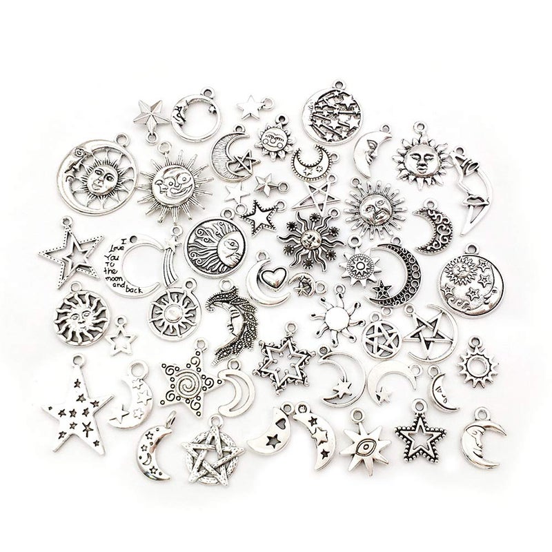 WOCRAFT 100 pcs Craft Supplies Mixed Antique Silver Sun Moon Stars Charms Pendants for Crafting Jewelry Findings Making Accessory for DIY Necklace Bracelet (M417) - Image 2